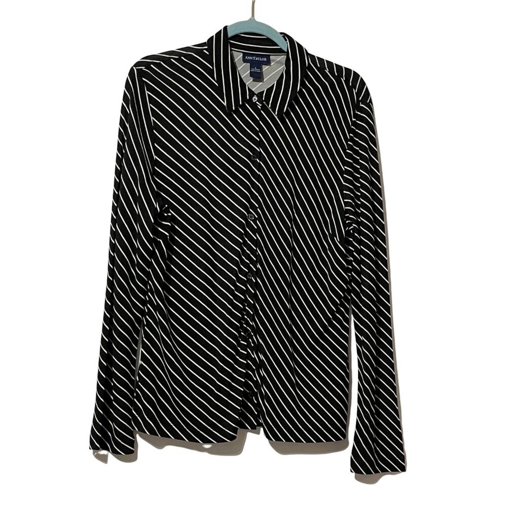 Ann Taylor Womens Black & White Striped Button-Up Shirt Size L Business Casual